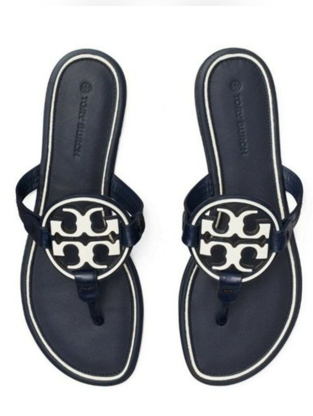 💕Tory Burch MillerNavy and cream metal logo Sandals size 7 (us) 💕